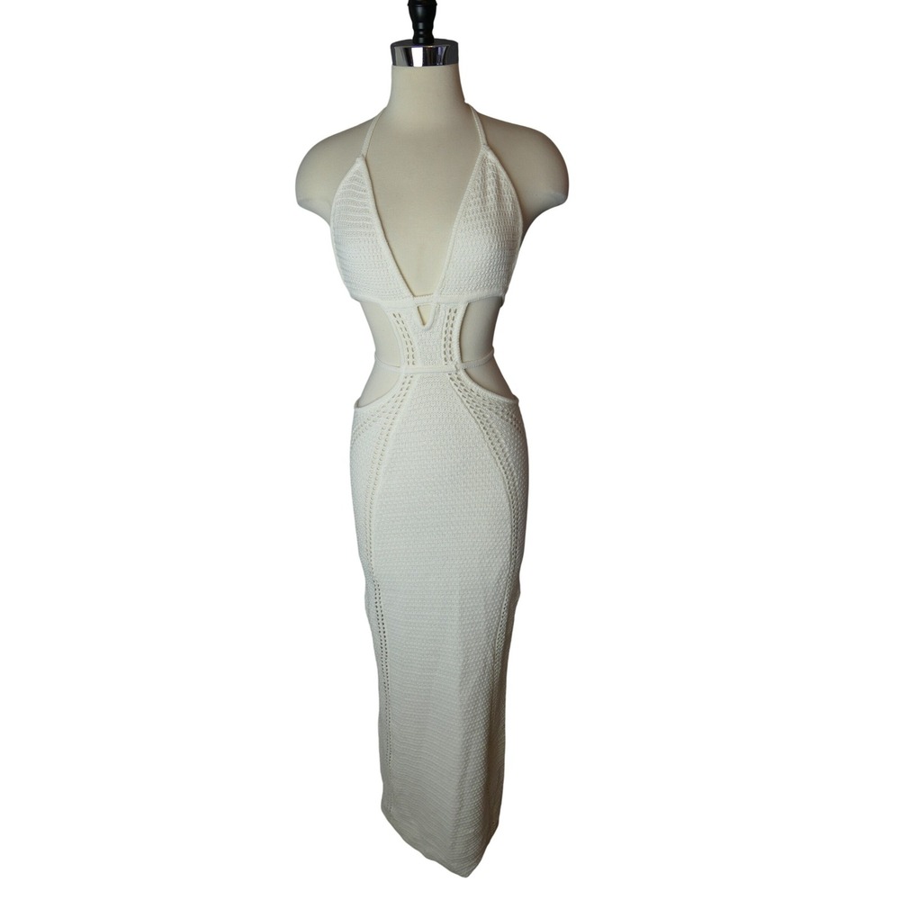 Babyboo Fashion Arabella Maxi Dress White Knit Cutout Halter Backless Medium NWT
